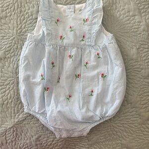 Little Me Blue and White Striped Diaper Cover with Pink Floral Embroidery